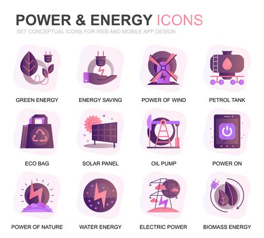 Moderno conjunto de la industria de la energía y los iconos planos de gradiente de energía para el sitio web y aplicaciones móviles. Contiene iconos como el panel solar, energía ecológica, planta de energía. Icono plano de color conceptual. Pack de pictog vector