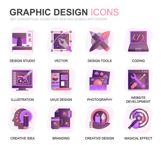 Modernos Web Set y diseño plano gradiente de iconos para sitios web y aplicaciones móviles. Contiene iconos como Studio, Herramientas, Desarrollo de aplicaciones, Retoques. Icono plano de color conceptual. Pack de pictogramas vectoriales. vector