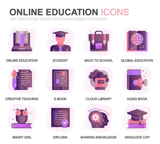 Modern Set Education and Knowledge Gradient Flat Icons for Website and Mobile Apps. Contains such Icons as Studying, School, Graduation, E-Book. Conceptual color flat icon. Vector pictogram pack.