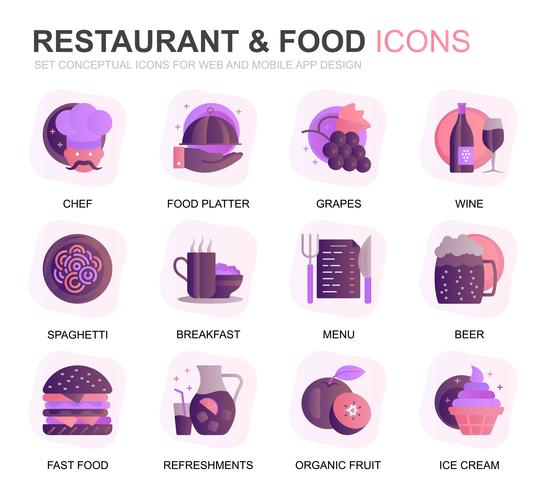 Modern Set Restaurant and Food Gradient Flat Icons for Website and Mobile Apps. Contains such Icons as Fast Food, Menu, Organic Fruit, Coffee Bar. Conceptual color flat icon. Vector pictogram pack.