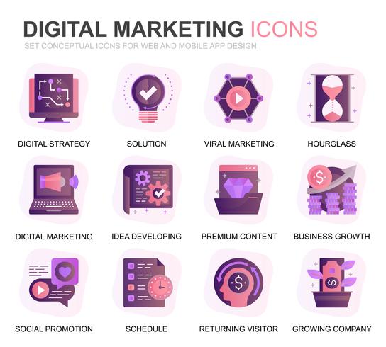 Moderno conjunto de iconos de gradiente de negocios y marketing para sitio web y aplicaciones móviles. Contiene iconos como estrategia digital, solución global, mercado. Icono plano de color conceptual. Pack de pictogramas vectoriales. vector