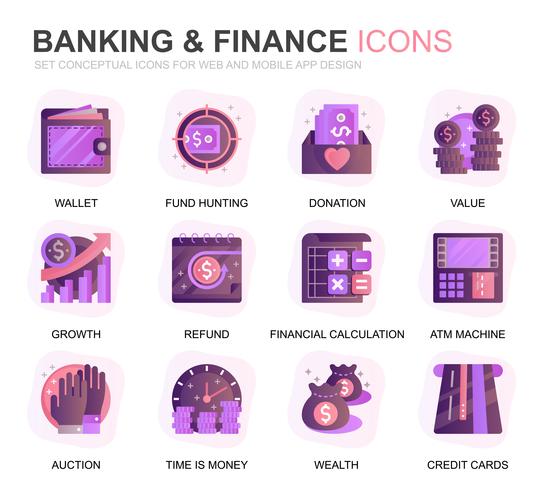 Moderno conjunto de banca y finanzas iconos planos degradados para el sitio web y aplicaciones móviles. Contiene iconos como saldo, banca electrónica, subasta, crecimiento financiero. Icono plano de color conceptual. Pack de pictogramas vectoriales. vector