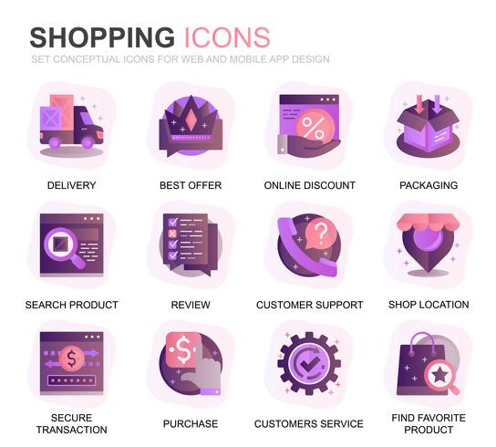 Moderno conjunto de compras y E-Commerce gradiente iconos planos para aplicaciones web y móviles. Contiene iconos como Entrega, Método de pago, Tienda, Comercio. Icono plano de color conceptual. Pack de pictogramas vectoriales. vector