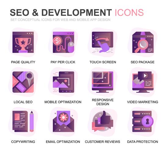 Modern Set Seo and Development Gradient Flat Icons for Website and Mobile Apps. Contains such Icons as Clean Code, Data Protection, Monitoring. Conceptual color flat icon. Vector pictogram pack.