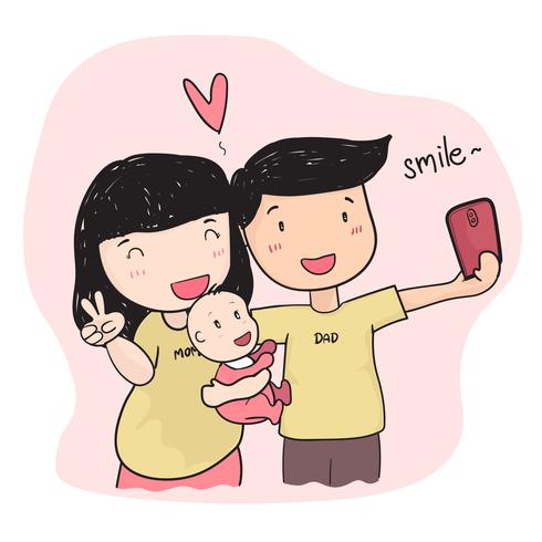 Happy family young parent taking selfie photo with baby vector