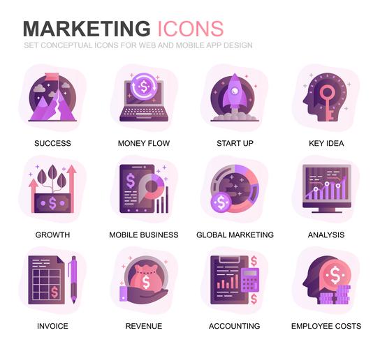 Moderno conjunto de iconos de gradiente de negocios y marketing para sitio web y aplicaciones móviles. Contiene iconos como Visión, Misión, Planificación, Mercado. Icono plano de color conceptual. Pack de pictogramas vectoriales. vector