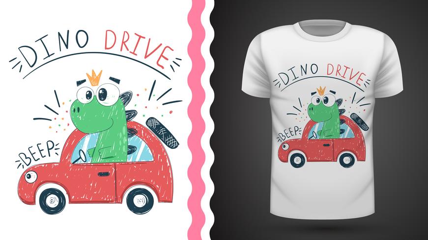 Linda dino con coche - idea para camiseta estampada vector