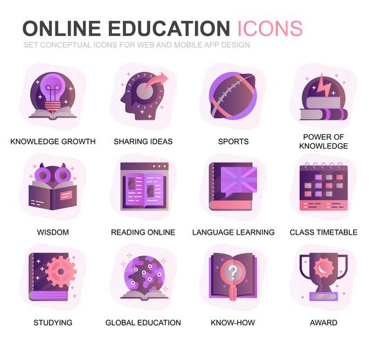 Moderno conjunto de iconos de gradiente de educación y conocimiento para sitio web y aplicaciones móviles. Contiene iconos como el curso en línea, la universidad, el estudio, el libro. Icono plano de color conceptual. Pack de pictogramas vectoriales. vector