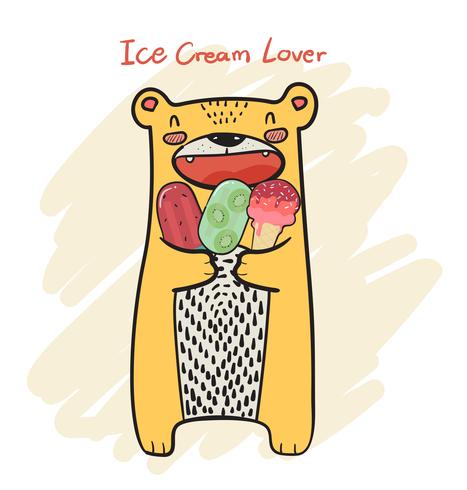 drawing cute yellow bear having Popsicle and Ice cream cone in Summer time vector