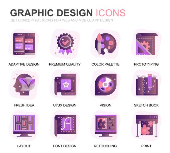 Modern Set Web and Graphic Design Gradient Flat Icons for Website and Mobile Apps. Contains such Icons as Studio, Tools, App Development, Retouching. Conceptual color flat icon. Vector pictogram pack.