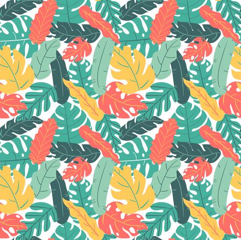 Verano y otoño color tropical hoja mano dibujo patrón transparente vector