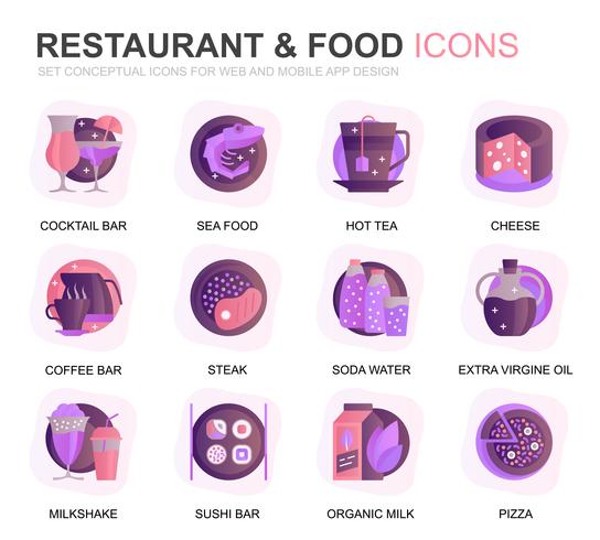 Modern Set Restaurant and Food Gradient Flat Icons for Website and Mobile Apps. Contains such Icons as Fast Food, Menu, Organic Fruit, Coffee Bar. Conceptual color flat icon. Vector pictogram pack.