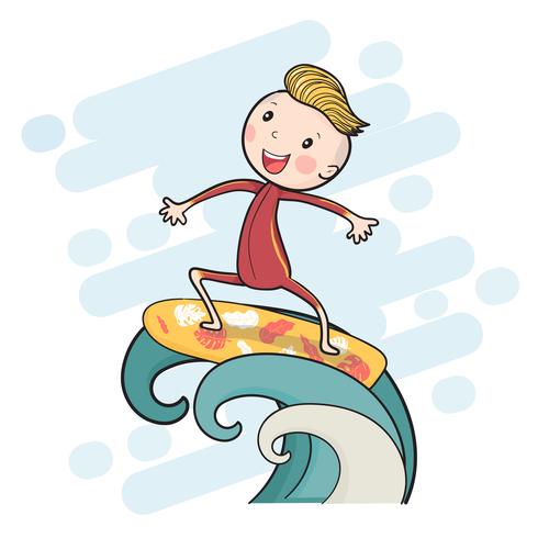 cute drawing surf boy on surfboard floating on big wave vector