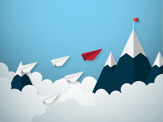 Leadership concept with red and white paper cut style airplane vector