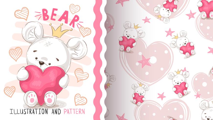 Bear with heart - seamless pattern. vector