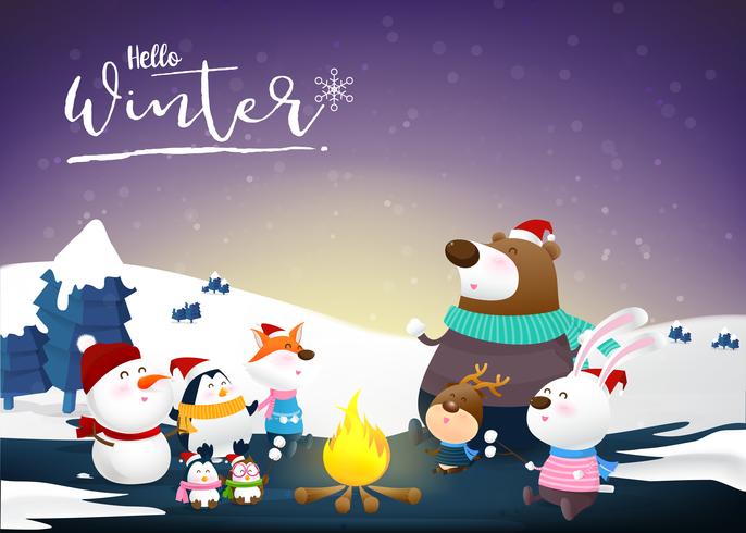 Hello winter with animal cartoon and night snow 002 vector