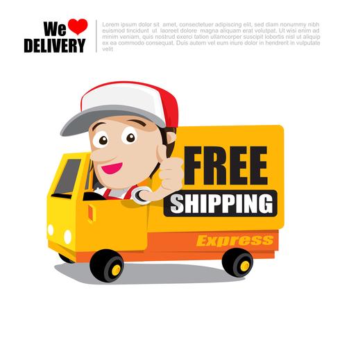 Smile delivery man thumb up on truck with text free shipping delivery cartoon vector illustration 001