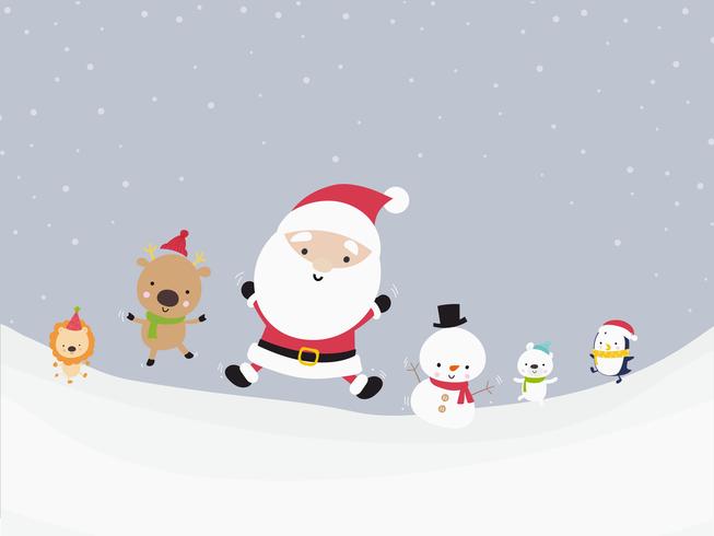 Lindo muñeco de nieve de Santa y la felicidad de dibujos animados de animales en la nieve 001 vector