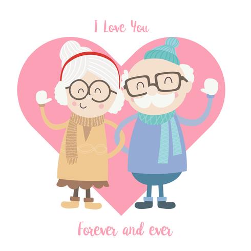 Cute old man and woman couple wearing winter suit vector