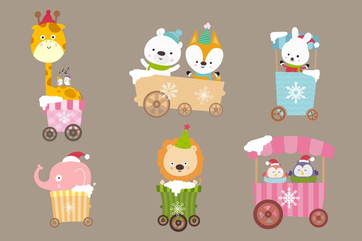 Colección de dibujos animados de animales en el carrito sonríe con felicidad 001 vector