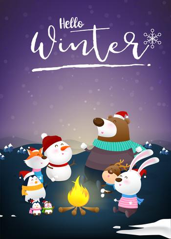 Hello winter with animal cartoon and night snow 001 vector