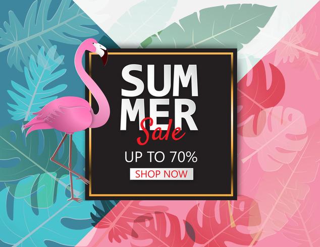 Creative illustration summer sale banner with flamingo and tropical leaves background. vector