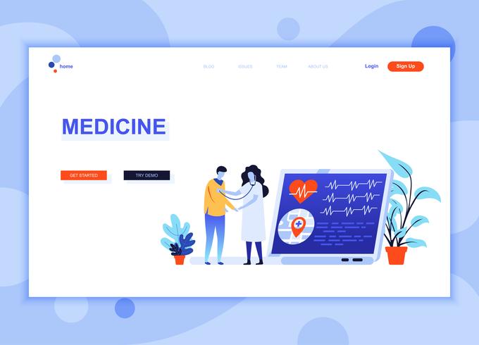 El concepto plano moderno de la plantilla del diseño de la página web de medicina y de asistencia sanitaria adornó el carácter de la gente para el sitio web y el desarrollo del sitio web móvil Plantilla de página de aterrizaje plana. Ilustracion vectorial vector