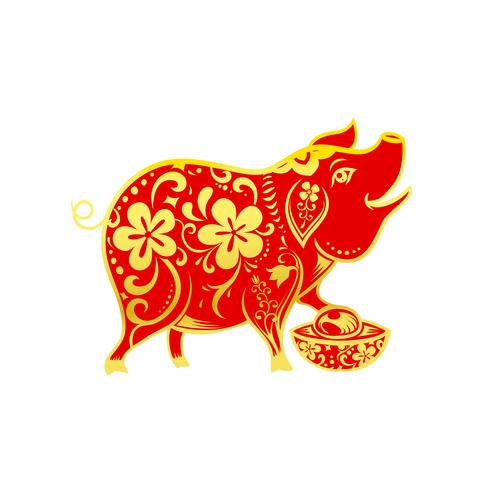 Arte contemporáneo chino moderno línea roja y dorada sonrisa cerdo 001 vector