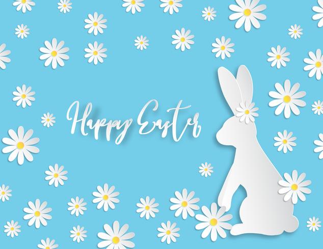 Creative illustration paper cut happy Easter background with rabbit and flower on blue background. vector