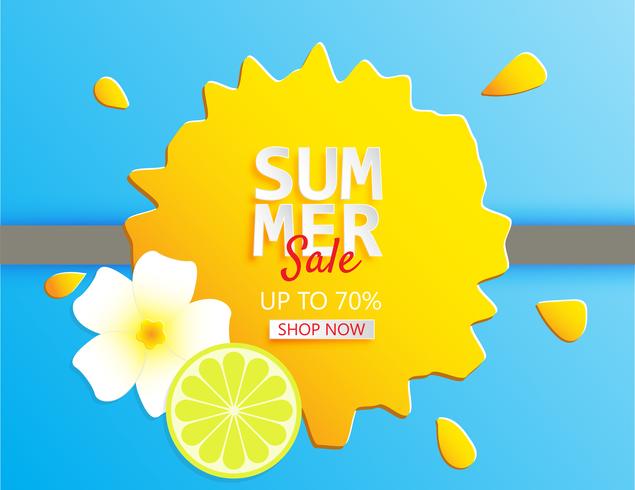 Creative illustration summer sale banner with lemon and plumeria flower in paper cut style. vector
