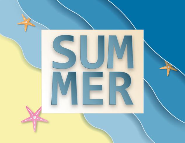 Creative illustration summer sale background with sea and beach paper cut style. vector