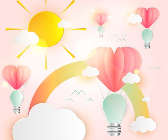 Love card abstract idea light bulbs heart pink paper overlap style balloon red floating on the air vector