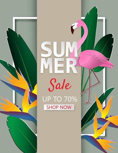 Creative illustration summer sale background with tropical leaves, flower and flamingo in a paper cut style. vector