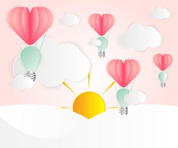 Love card abstract idea light bulbs heart pink paper overlap style balloon red floating on the air  vector