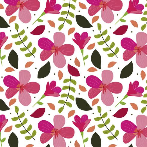 Pink flowers background with leaves vector