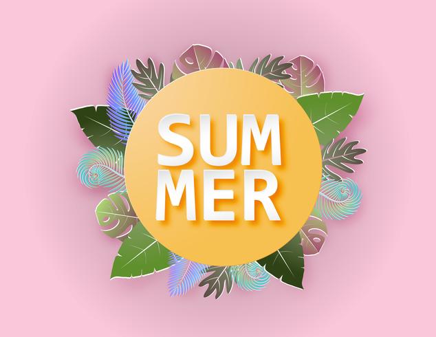 Creative illustration summer background concept with colorful tropical leaves. vector