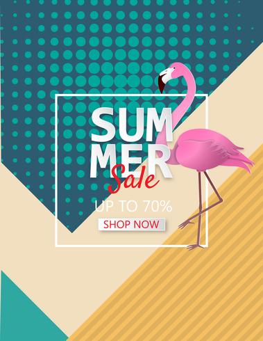 Illustration of Summer sale poster background with flamingo. vector