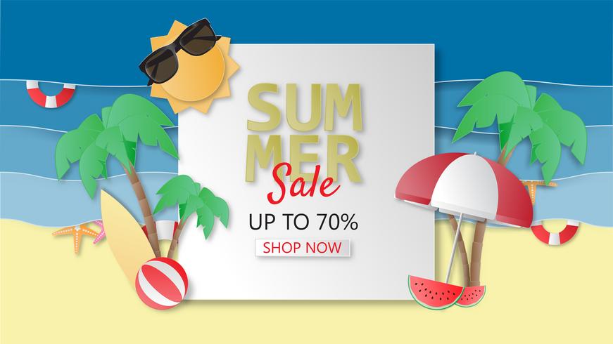 Creative illustration summer sale banner background paper cut style. vector