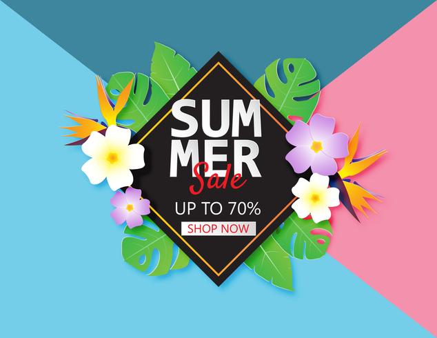 Summer sale banner template with paper cut tropical leaves and flower on pastel color background. vector