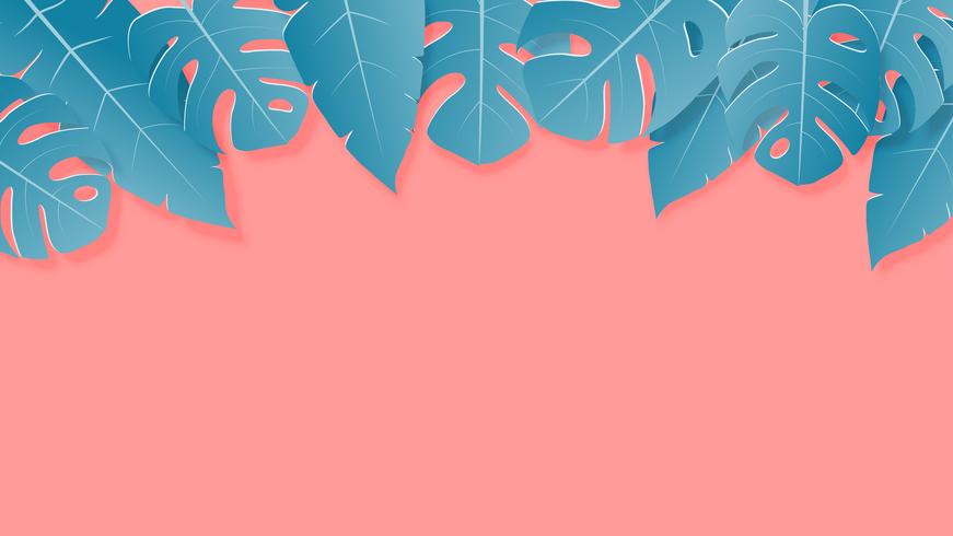 Tropical leaves green and pink pastel colors paper cut style on background with empty space for advertising text. vector