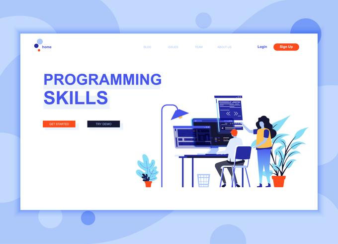 El concepto plano moderno de la plantilla del diseño de la página web de habilidades de programación adornó el carácter de la gente para el sitio web y el desarrollo del sitio web móvil. Plantilla de página de aterrizaje plana. Ilustracion vectorial vector