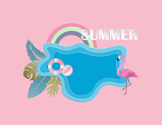 Creative illustration summer background concept with pond, flamingo bird, leaves. vector