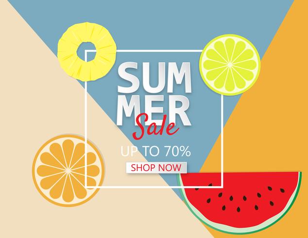 Summer sale background with pineapple, orange and watermelon. vector