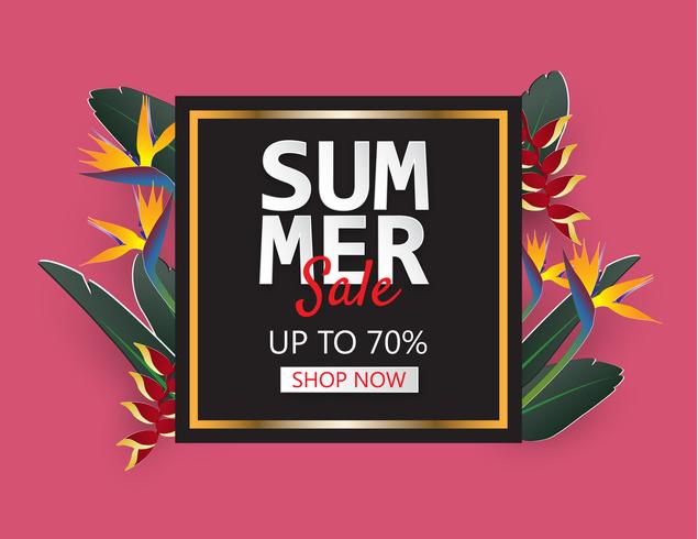 Creative illustration summer sale banner with tropical leaves in paper cut style. vector