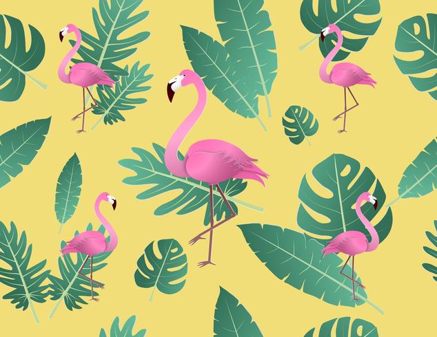 Creative vector illustration flamingo and tropical leaves.