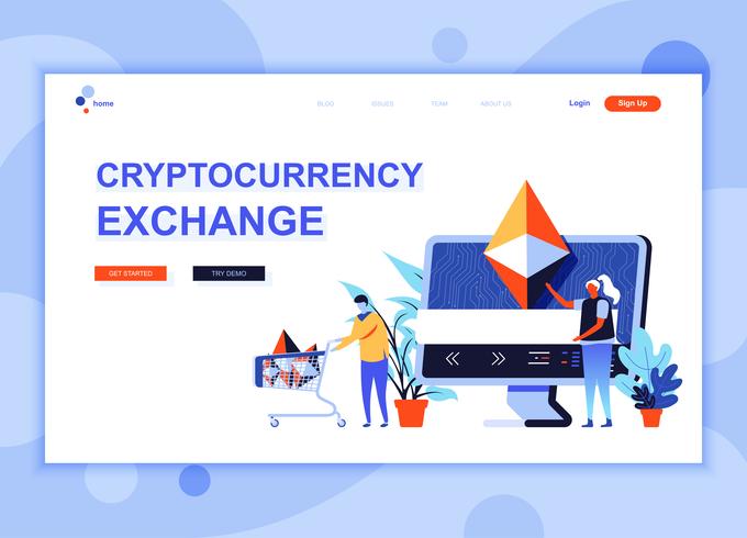 Modern flat web page design template concept of Cryptocurrency Exchange decorated people character for website and mobile website development. Flat landing page template. Vector illustration.