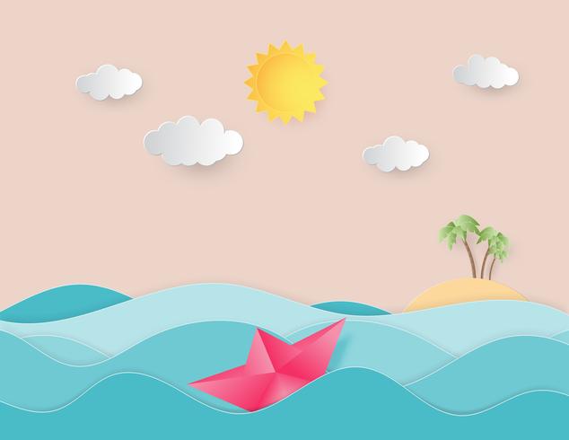 Ocean water wave with origami made sailing boat floating on the sea and sun paper cut style. vector