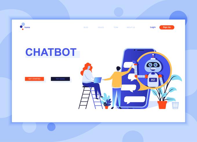 Modern flat web page design template concept of Chat Bot and Marketing decorated people character for website and mobile website development. Flat landing page template. Vector illustration.