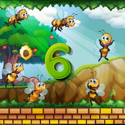 Número seis con 6 abejas volando en el jardín. vector