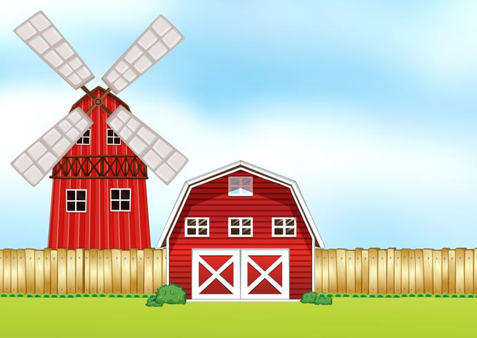 Farm scene with windmill and barn vector